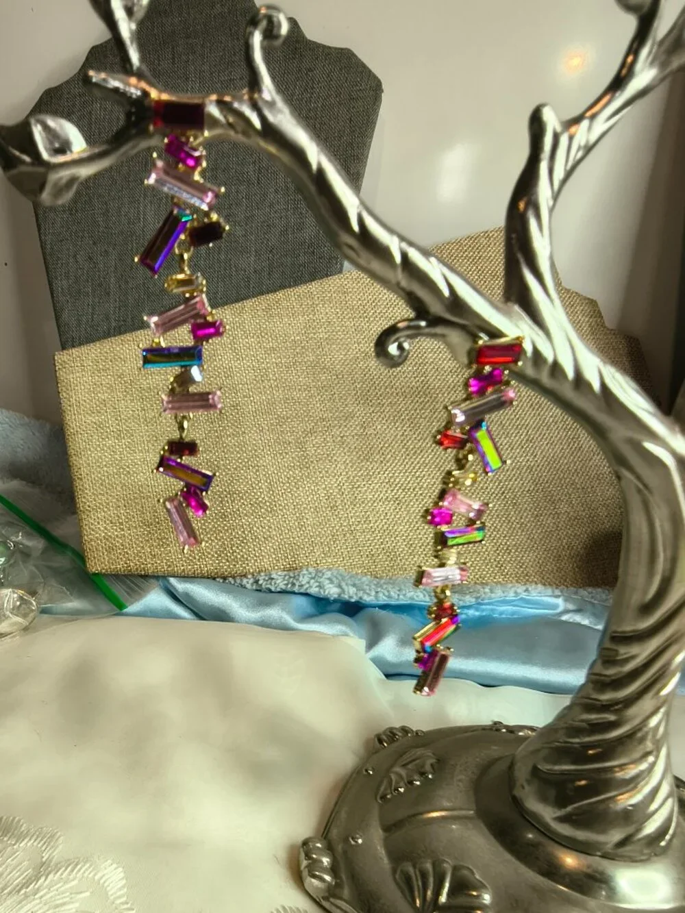 Gold Tone Multi - Color Glass Rhinestone Earrings